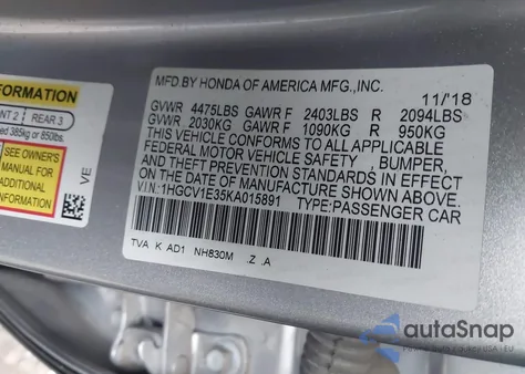 2019 Honda Accord Sport из США, поврежденный, VIN 1HGCV1E35KA015891